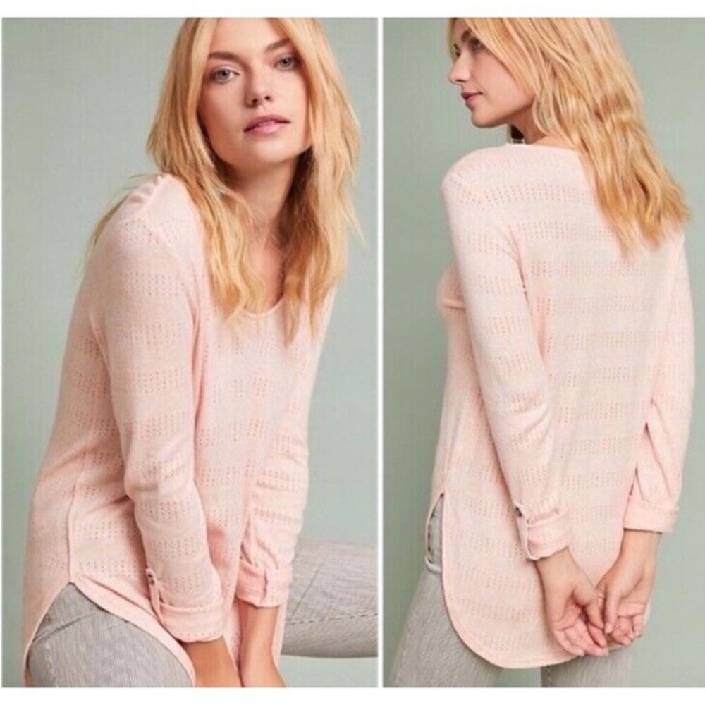 Anthropologie Akemi+Kin Sylvie Pink Pointelle Long Sleeve Top Shirt Scoop Neck M